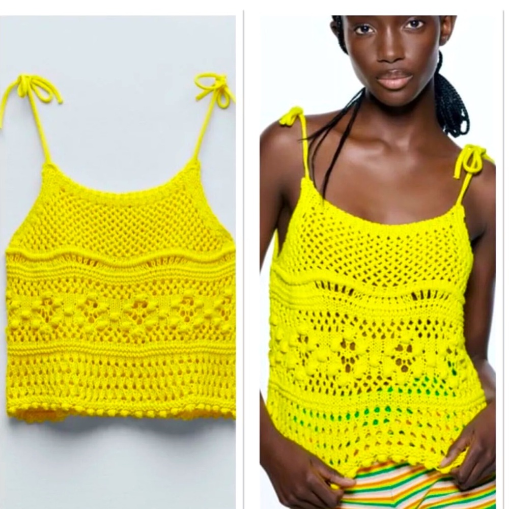 Zara Yellow Pointelle Knit Crochet Top